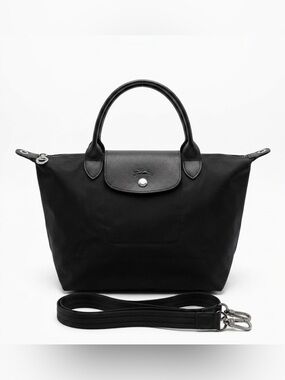 Longchamp Le Pliage Black Nylon Large Tote Leather Handles Crossbody Strap